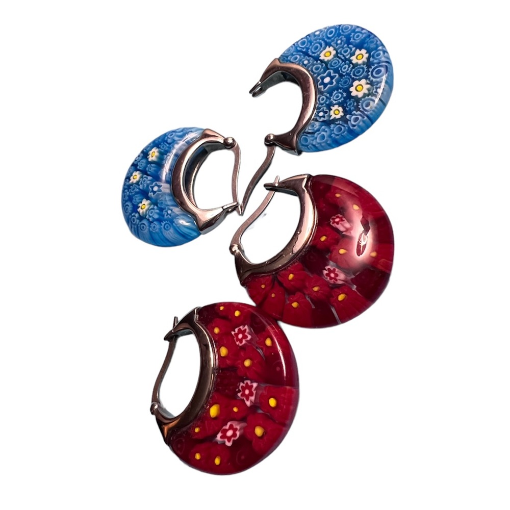 Murano millefiori designed glass FLOWER EARRINGS (large but not heavy!) - Picture 11 of 12